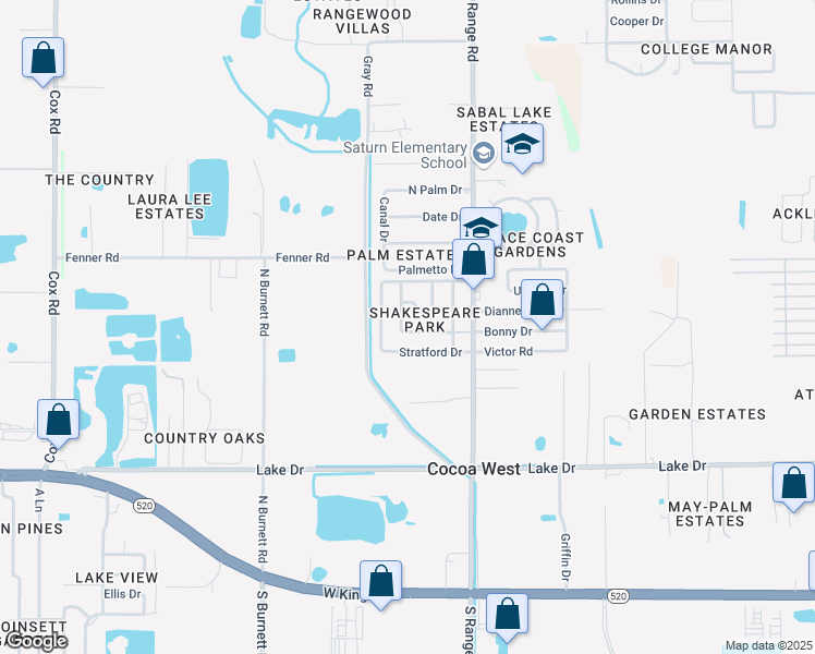 map of restaurants, bars, coffee shops, grocery stores, and more near 2522 Hathaway Drive in Cocoa