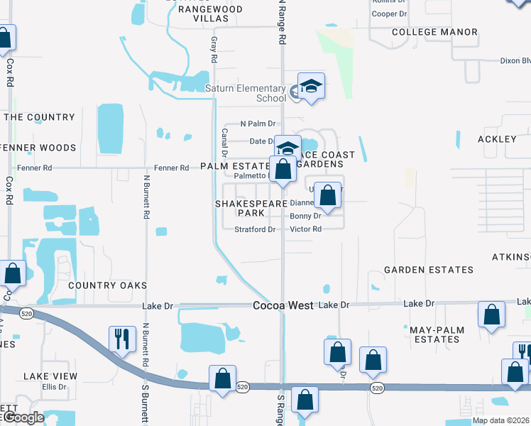 map of restaurants, bars, coffee shops, grocery stores, and more near 640 Bacon Street in Cocoa