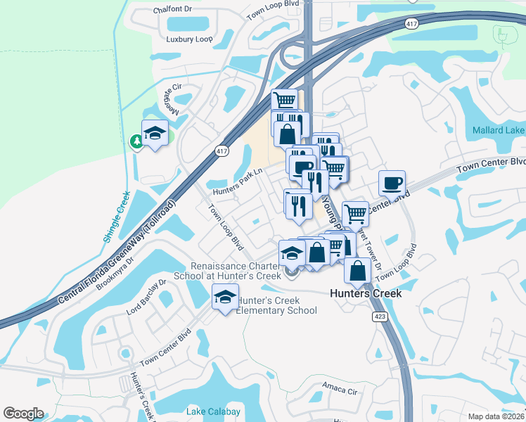 map of restaurants, bars, coffee shops, grocery stores, and more near 12111 Poppy Field Lane in Orlando
