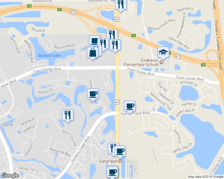 map of restaurants, bars, coffee shops, grocery stores, and more near 13548 Turtle Marsh Loop in Orlando