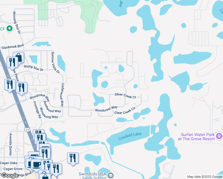 map of restaurants, bars, coffee shops, grocery stores, and more near 17402 Hidden Forest Drive in Clermont