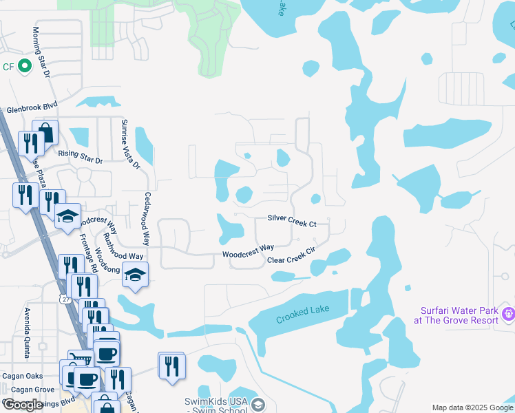 map of restaurants, bars, coffee shops, grocery stores, and more near 17402 Hidden Forest Drive in Clermont