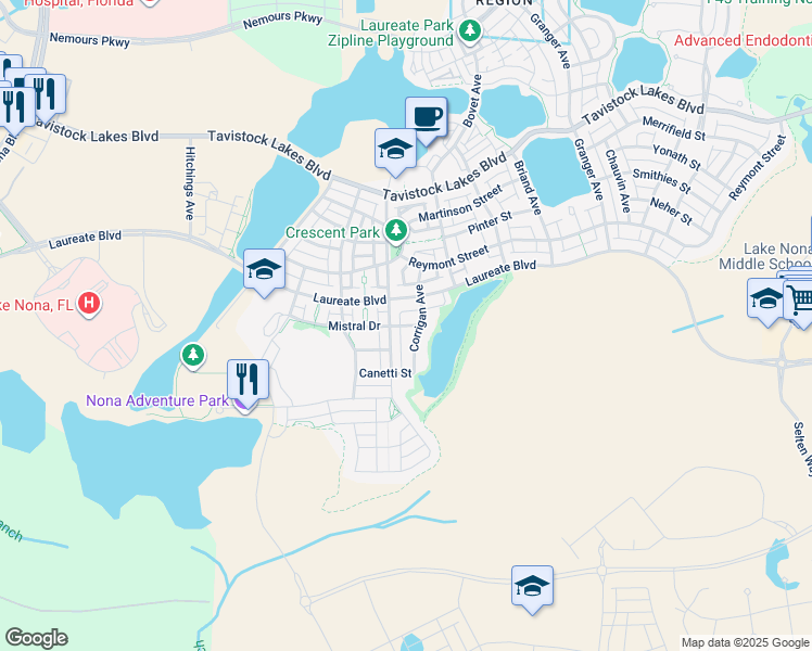 map of restaurants, bars, coffee shops, grocery stores, and more near 8338 Mistral Drive in Orlando