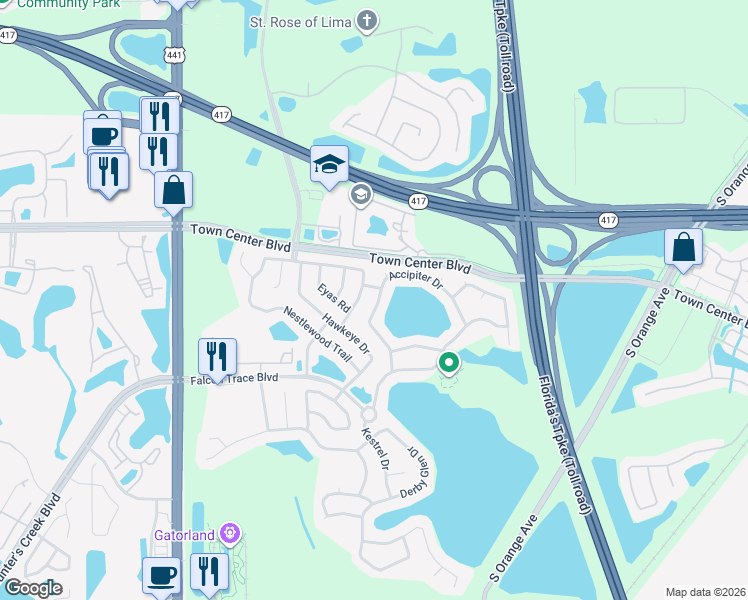 map of restaurants, bars, coffee shops, grocery stores, and more near 12377 Accipiter Drive in Orlando