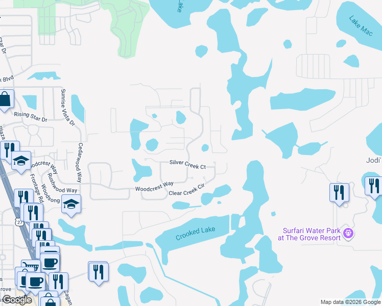 map of restaurants, bars, coffee shops, grocery stores, and more near 17444 Woodcrest Way in Clermont
