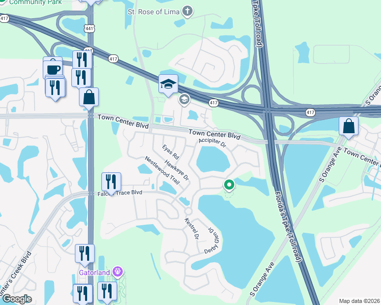 map of restaurants, bars, coffee shops, grocery stores, and more near 12377 Accipiter Drive in Orlando
