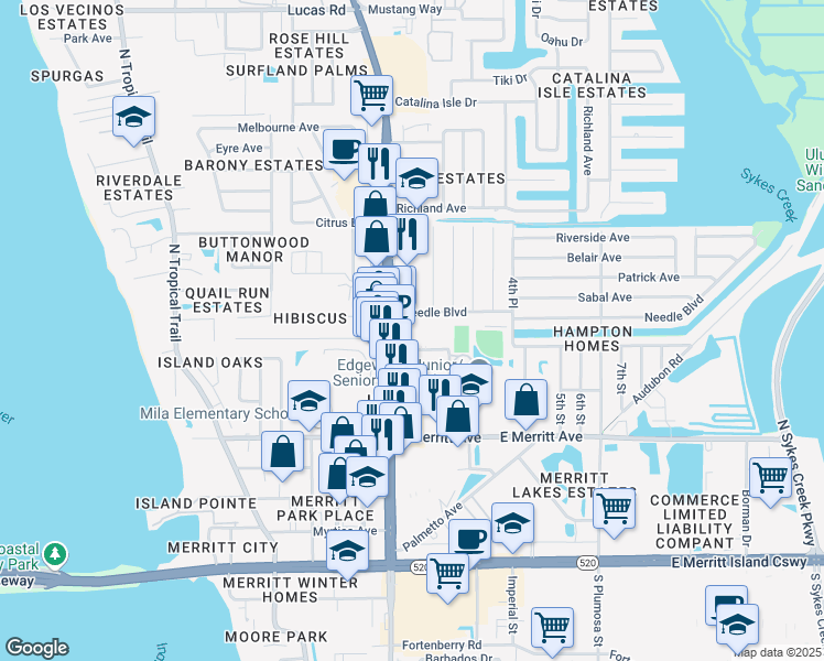 map of restaurants, bars, coffee shops, grocery stores, and more near 520 Florida 3 in Merritt Island