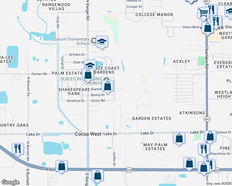 map of restaurants, bars, coffee shops, grocery stores, and more near 2417 Victor Road in Cocoa