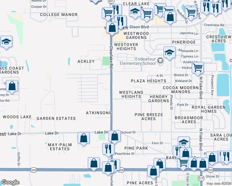 map of restaurants, bars, coffee shops, grocery stores, and more near 722 Clearlake Road in Cocoa