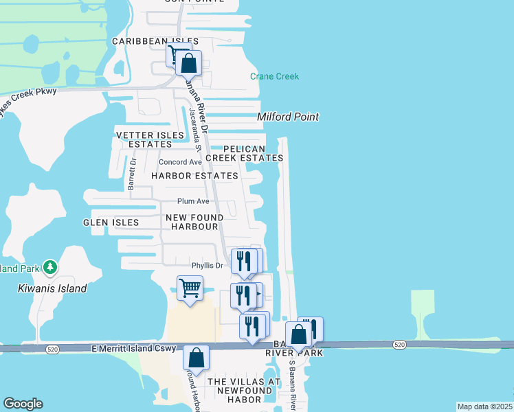 map of restaurants, bars, coffee shops, grocery stores, and more near 1735 Reef Court in Merritt Island