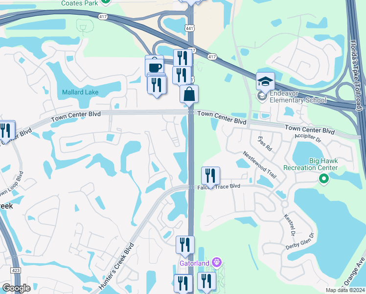 map of restaurants, bars, coffee shops, grocery stores, and more near 13548 Turtle Marsh Loop in Orlando