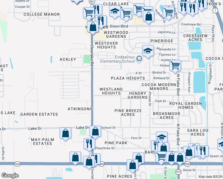 map of restaurants, bars, coffee shops, grocery stores, and more near 1418 Cowart Road in Cocoa