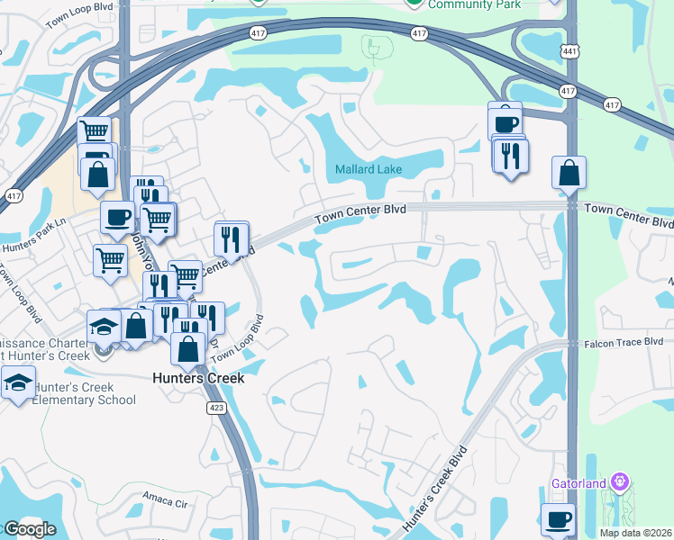 map of restaurants, bars, coffee shops, grocery stores, and more near 2614 Runyon Circle in Orlando