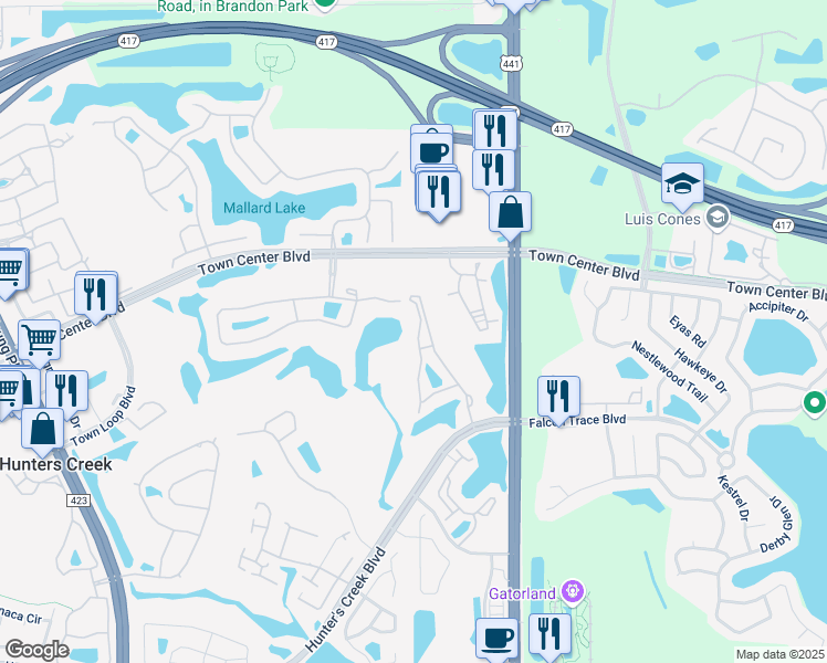 map of restaurants, bars, coffee shops, grocery stores, and more near 13929 Fairway Island Drive in Orlando