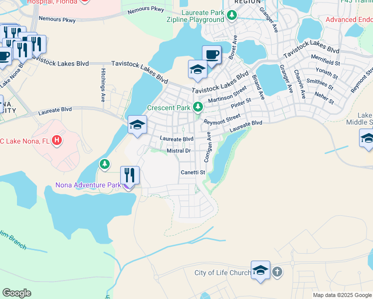 map of restaurants, bars, coffee shops, grocery stores, and more near 14084 Dunant Lane in Orlando