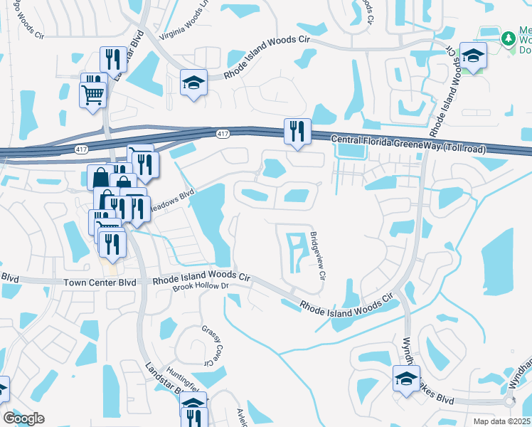 map of restaurants, bars, coffee shops, grocery stores, and more near 2445 Sand Arbor Circle in Orlando