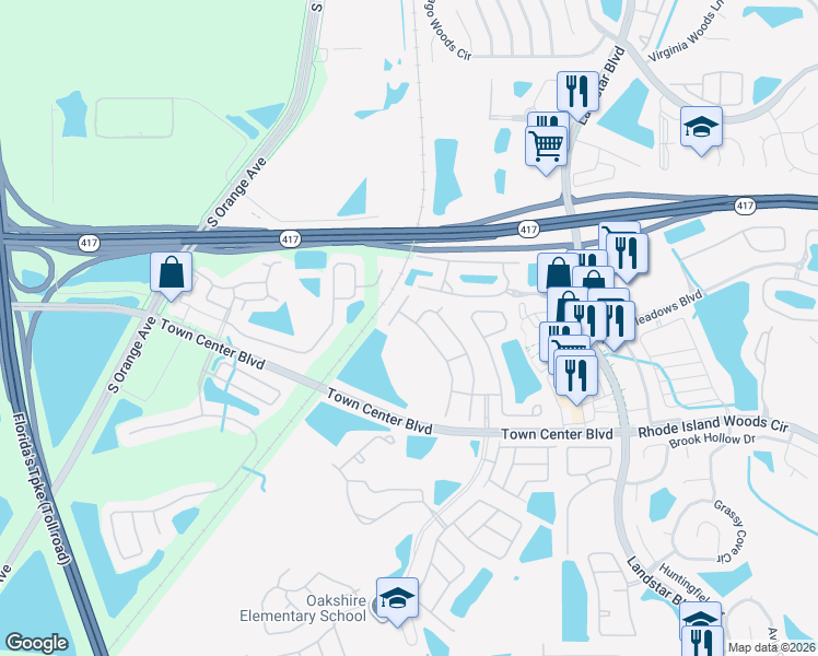 map of restaurants, bars, coffee shops, grocery stores, and more near 13108 Meadowfield Drive in Orlando
