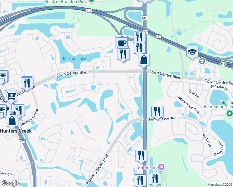 map of restaurants, bars, coffee shops, grocery stores, and more near 13929 Fairway Island Drive in Orlando