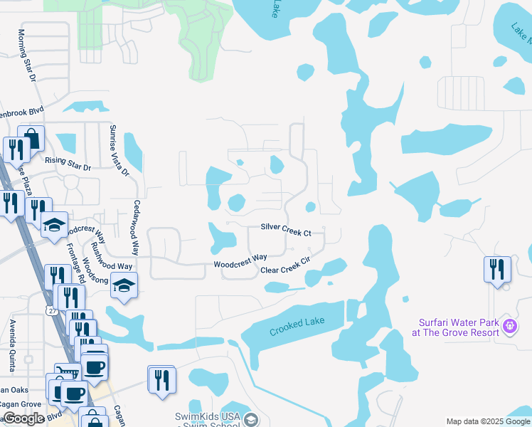 map of restaurants, bars, coffee shops, grocery stores, and more near 17522 Hidden Forest Drive in Clermont