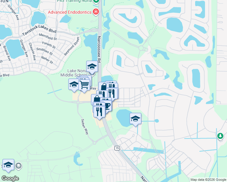 map of restaurants, bars, coffee shops, grocery stores, and more near 9717 Eagle Creek Center Boulevard in Orlando