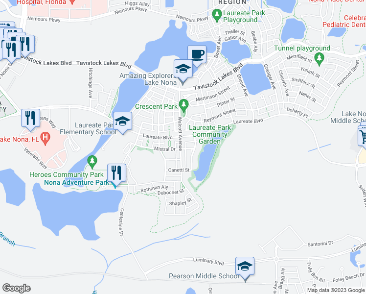 map of restaurants, bars, coffee shops, grocery stores, and more near 14089 Walcott Avenue in Orlando