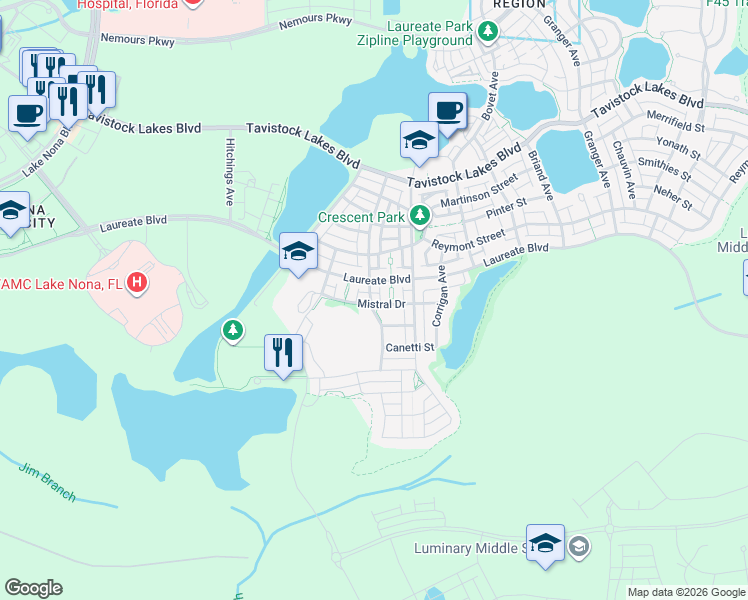 map of restaurants, bars, coffee shops, grocery stores, and more near 8107 Mistral Drive in Orlando