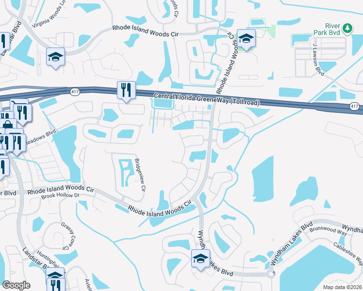 map of restaurants, bars, coffee shops, grocery stores, and more near 1532 Antigua Bay Drive in Orlando