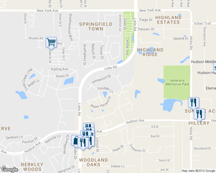 map of restaurants, bars, coffee shops, grocery stores, and more near 9227 Irondale Lane in Hudson