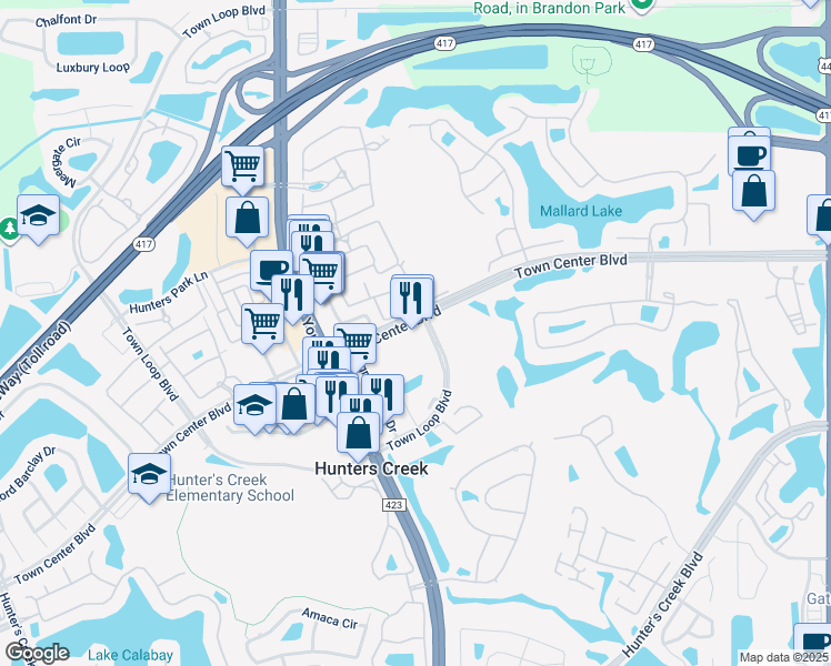 map of restaurants, bars, coffee shops, grocery stores, and more near 3708 Town Center Boulevard in Orlando