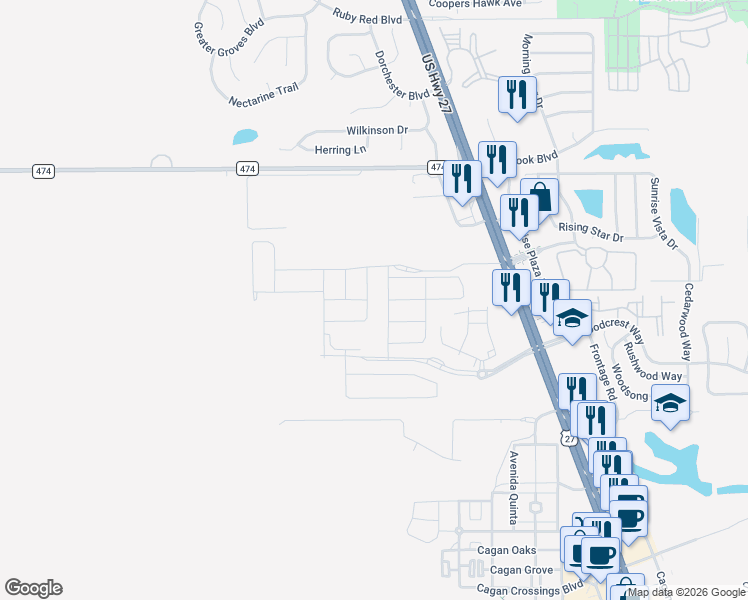 map of restaurants, bars, coffee shops, grocery stores, and more near 1315 US Highway 27 in Clermont