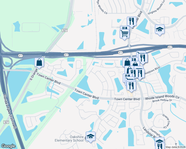 map of restaurants, bars, coffee shops, grocery stores, and more near 13108 Meadowfield Drive in Orlando