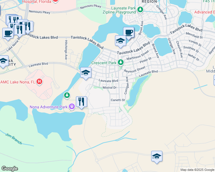 map of restaurants, bars, coffee shops, grocery stores, and more near 14082 Agre Lane in Orlando