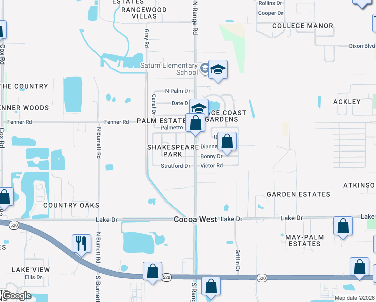 map of restaurants, bars, coffee shops, grocery stores, and more near 640 Bacon Street in Cocoa