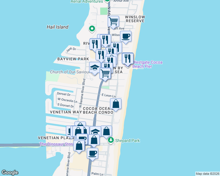 map of restaurants, bars, coffee shops, grocery stores, and more near 134 East Alachua Lane in Cocoa Beach