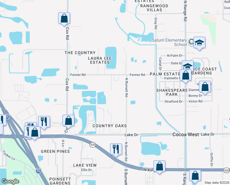 map of restaurants, bars, coffee shops, grocery stores, and more near 595 Hilburn Lane in Cocoa
