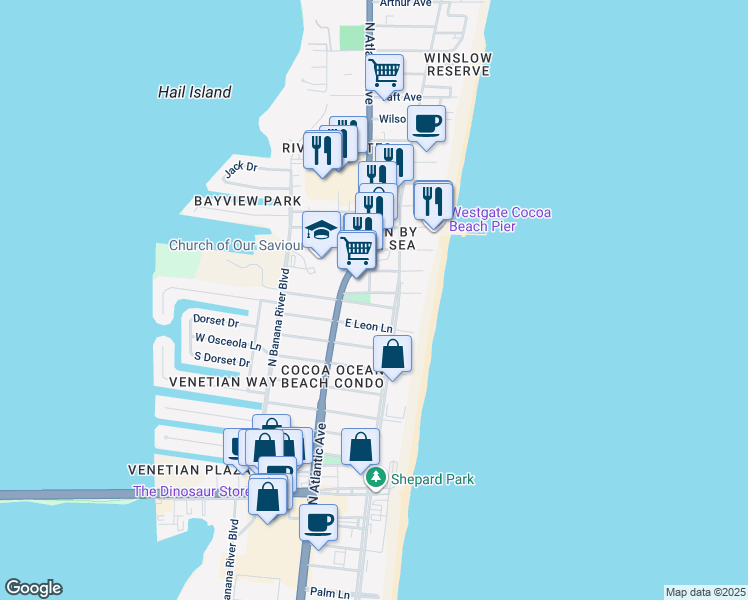 map of restaurants, bars, coffee shops, grocery stores, and more near 134 East Alachua Lane in Cocoa Beach