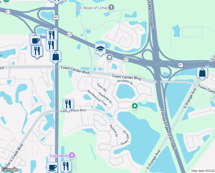 map of restaurants, bars, coffee shops, grocery stores, and more near 1701 Harris Hawk Road in Orlando