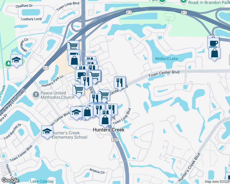 map of restaurants, bars, coffee shops, grocery stores, and more near 3960 Garden Plaza Way in Orlando
