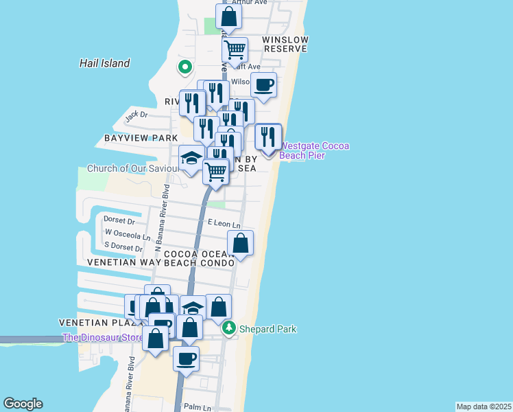 map of restaurants, bars, coffee shops, grocery stores, and more near 5100 Ocean Beach Boulevard in Cocoa Beach