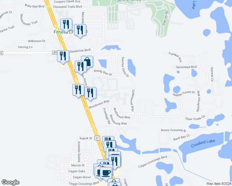 map of restaurants, bars, coffee shops, grocery stores, and more near 16815 Sarahs Place in Clermont