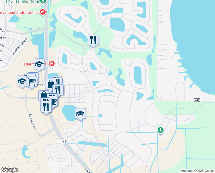 map of restaurants, bars, coffee shops, grocery stores, and more near 10338 Middlewich Drive in Orlando