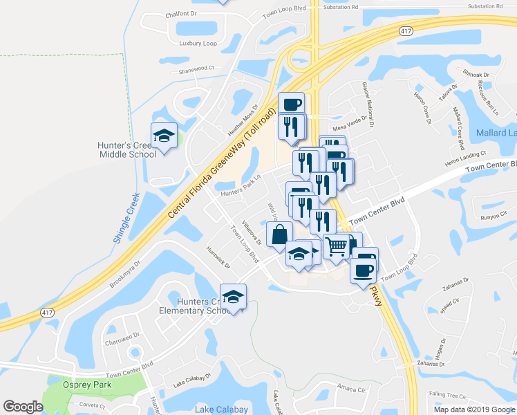 map of restaurants, bars, coffee shops, grocery stores, and more near 12111 Poppy Field Lane in Orlando