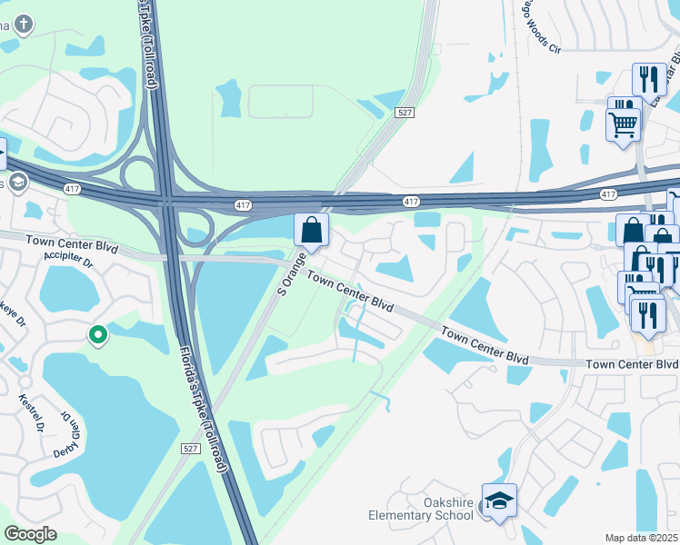 map of restaurants, bars, coffee shops, grocery stores, and more near 475 Town Center Boulevard in Orlando