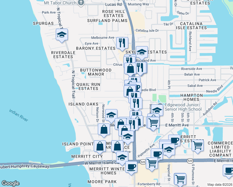 map of restaurants, bars, coffee shops, grocery stores, and more near 134 Lura Lane in Merritt Island