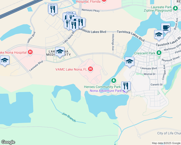 map of restaurants, bars, coffee shops, grocery stores, and more near 13800 Veterans Way in Orlando