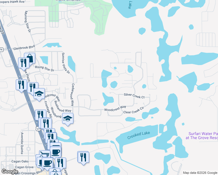 map of restaurants, bars, coffee shops, grocery stores, and more near 17303 Hidden Forest Drive in Clermont