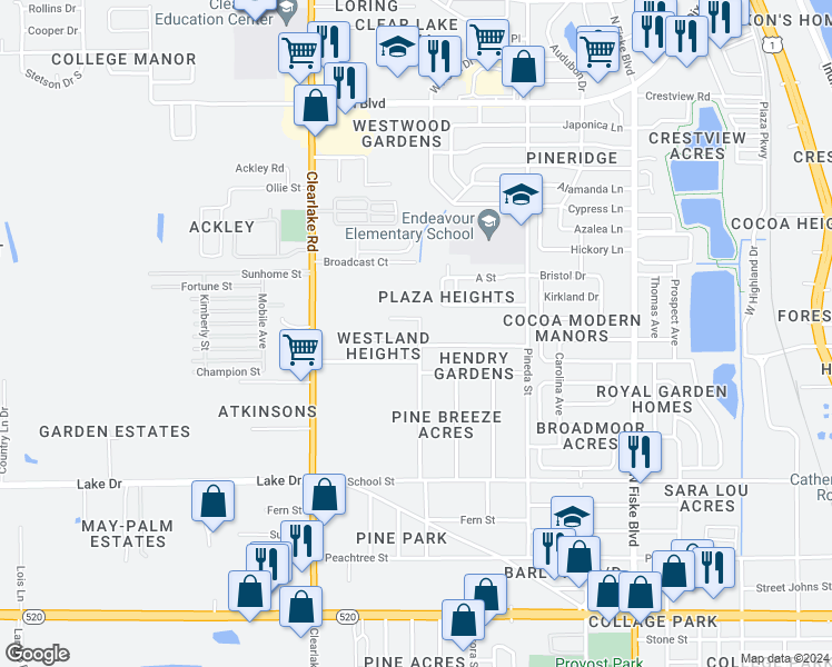 map of restaurants, bars, coffee shops, grocery stores, and more near 409 Palm Avenue in Cocoa