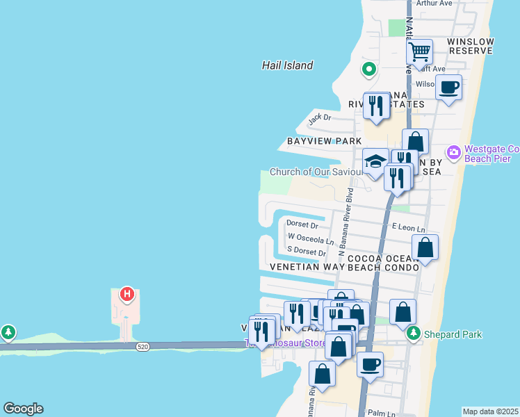 map of restaurants, bars, coffee shops, grocery stores, and more near 498 Brightwaters Drive in Cocoa Beach