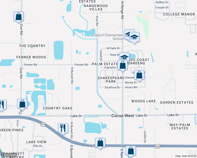 map of restaurants, bars, coffee shops, grocery stores, and more near 2541 Hathaway Drive in Cocoa