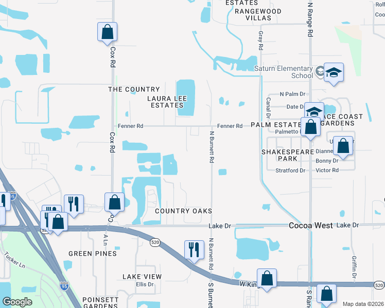 map of restaurants, bars, coffee shops, grocery stores, and more near 595 Hilburn Lane in Cocoa